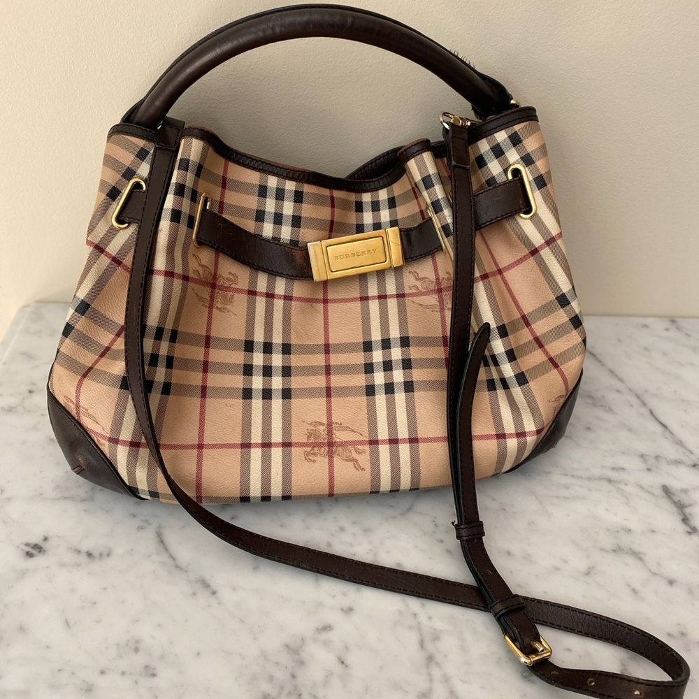 Burberry HYM Crossbody Canvas Bag, Haymarket w/ Chocolate Leather Trim & Handle